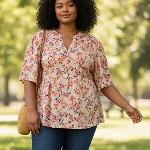 Cocomo Woman Tan Floral Top Womens Size 3X Pintucked Henley Blouse